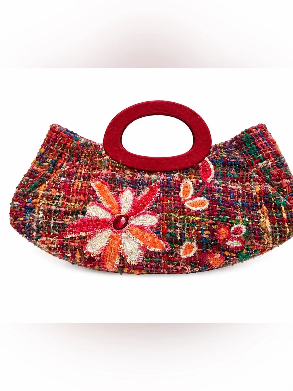 Handcrafted Multicolor Crochet Clutch with Red Handle